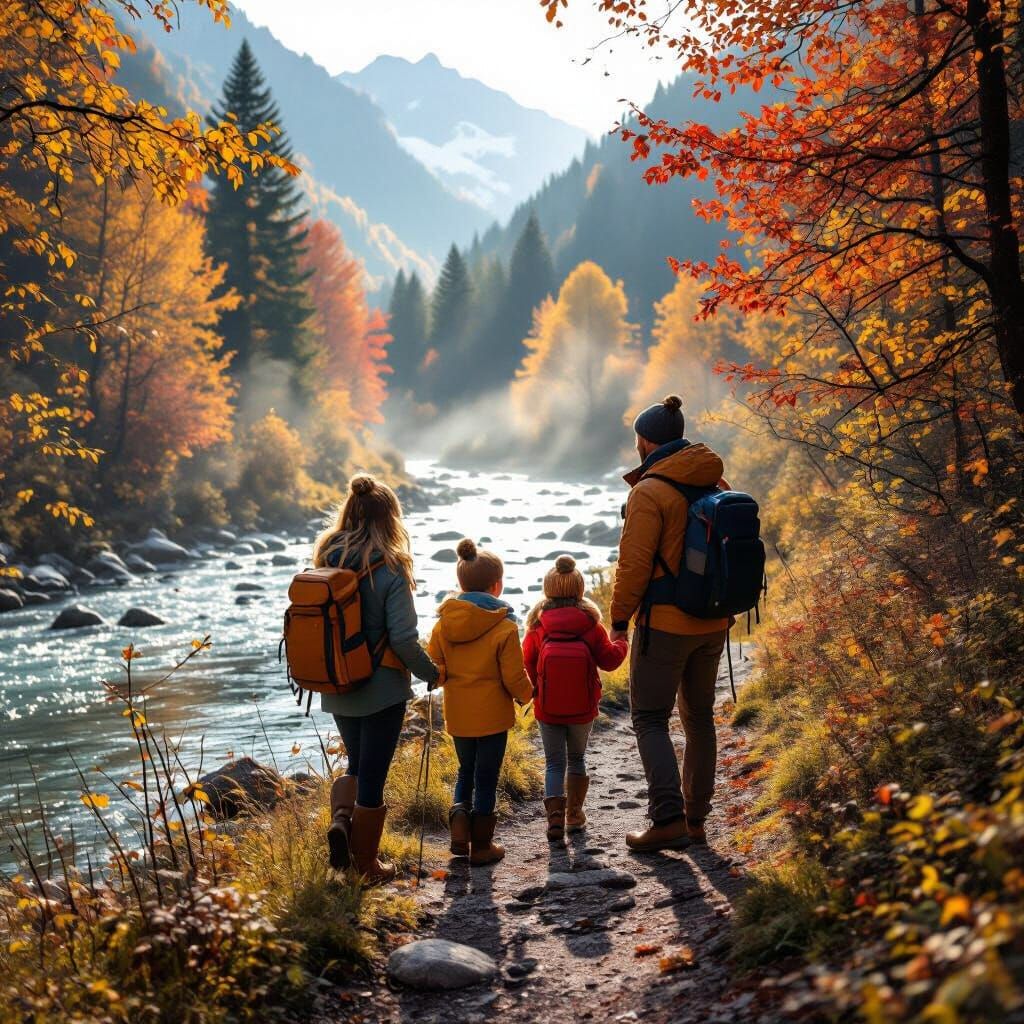 Happy Family Hiking in Autumn Alps