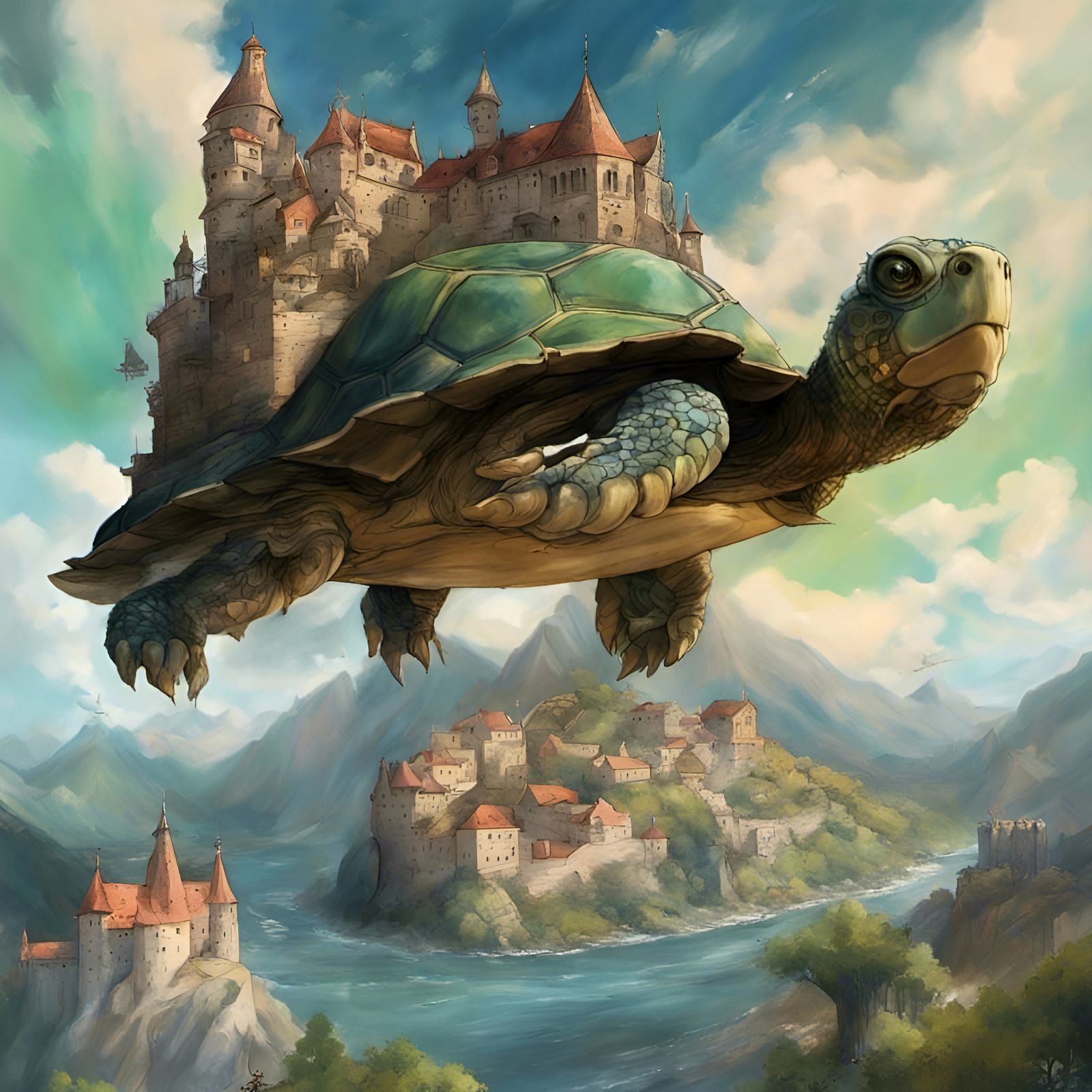 Flying Steampunk Tortoise Castle in Aurora Sky