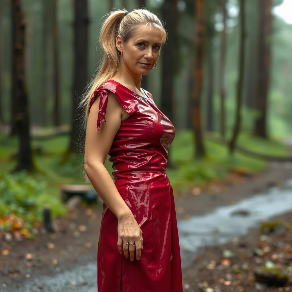 Blonde Woman in Red Vinyl Dress in Rainy Forest