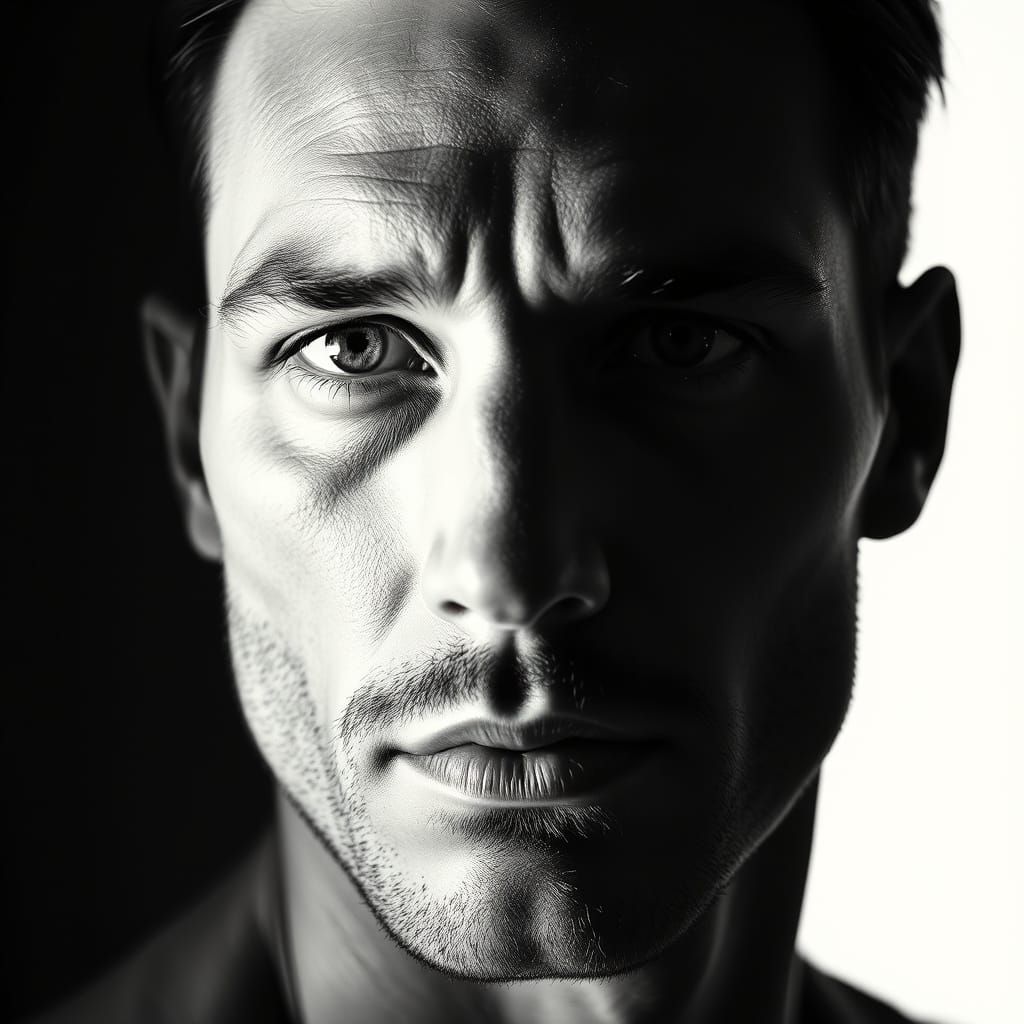 Monochromatic Portrait of a Man Illuminated by Radiant Light