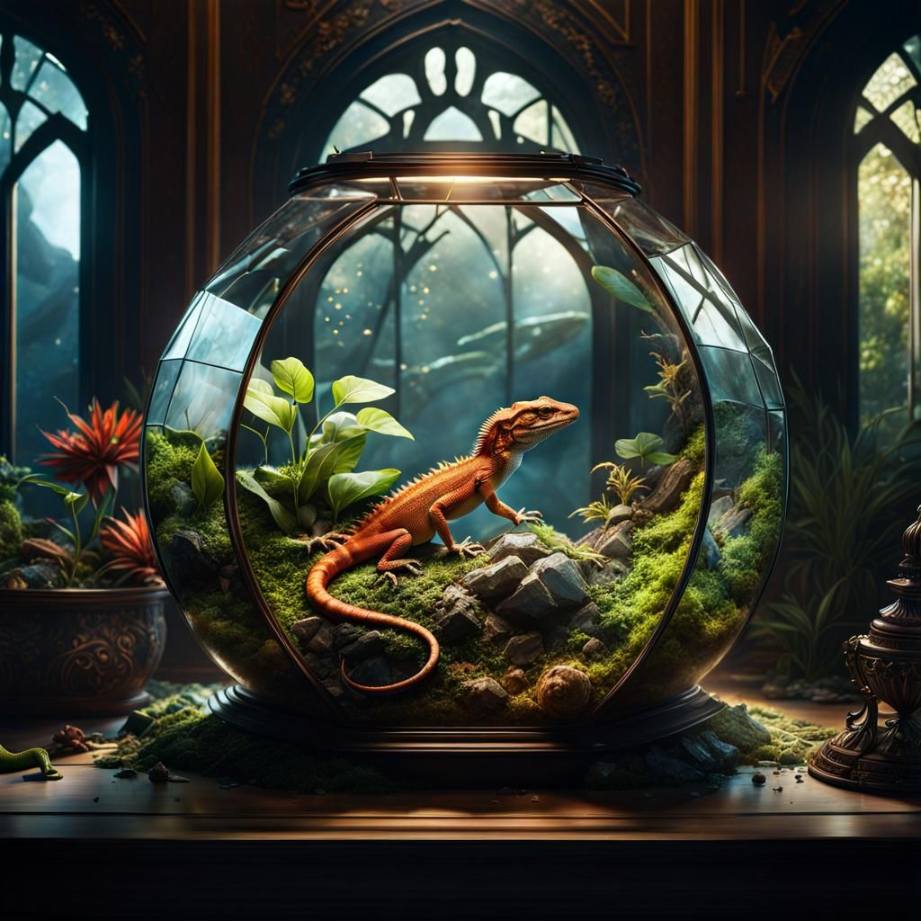 Lizard on Broken Terrarium in Volumetric Lighting