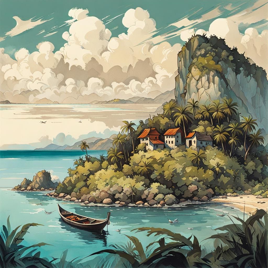 Detailed Island Scenery in Ink Painting Style