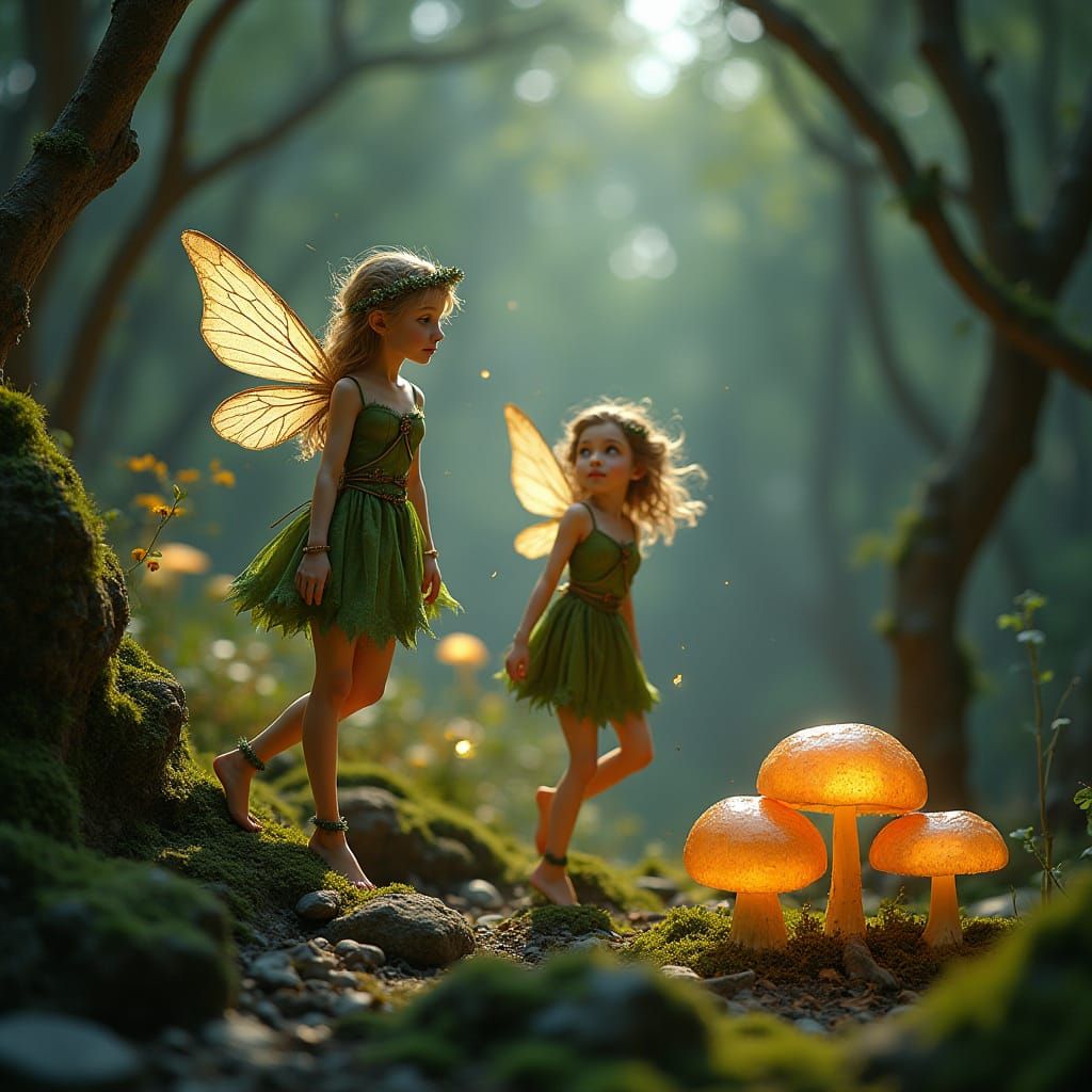 Whimsical Fairies Dance Among Glowing Mushrooms in a Dense F...