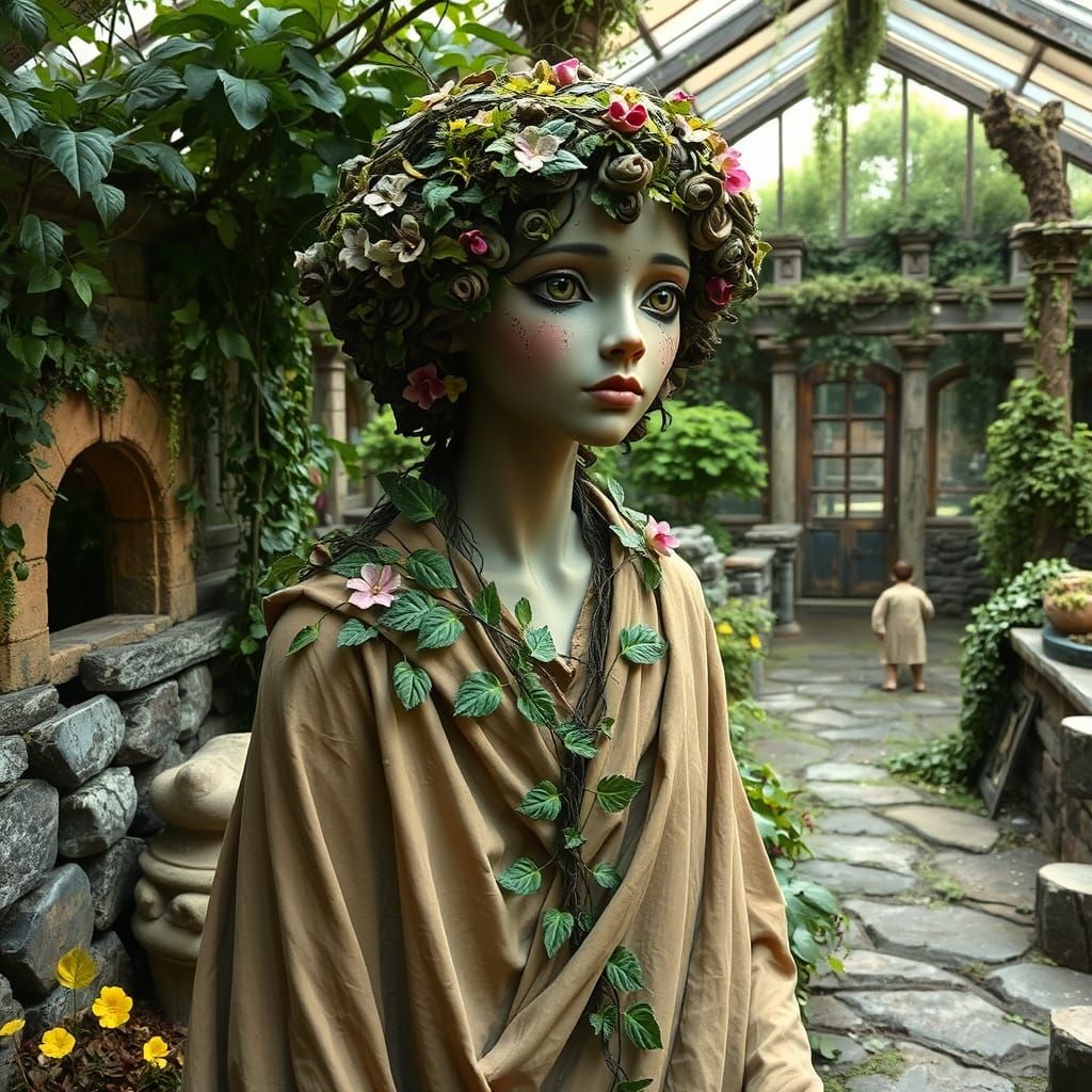 Nature Sculpture: Human Form Adorned with Vines and Flowers