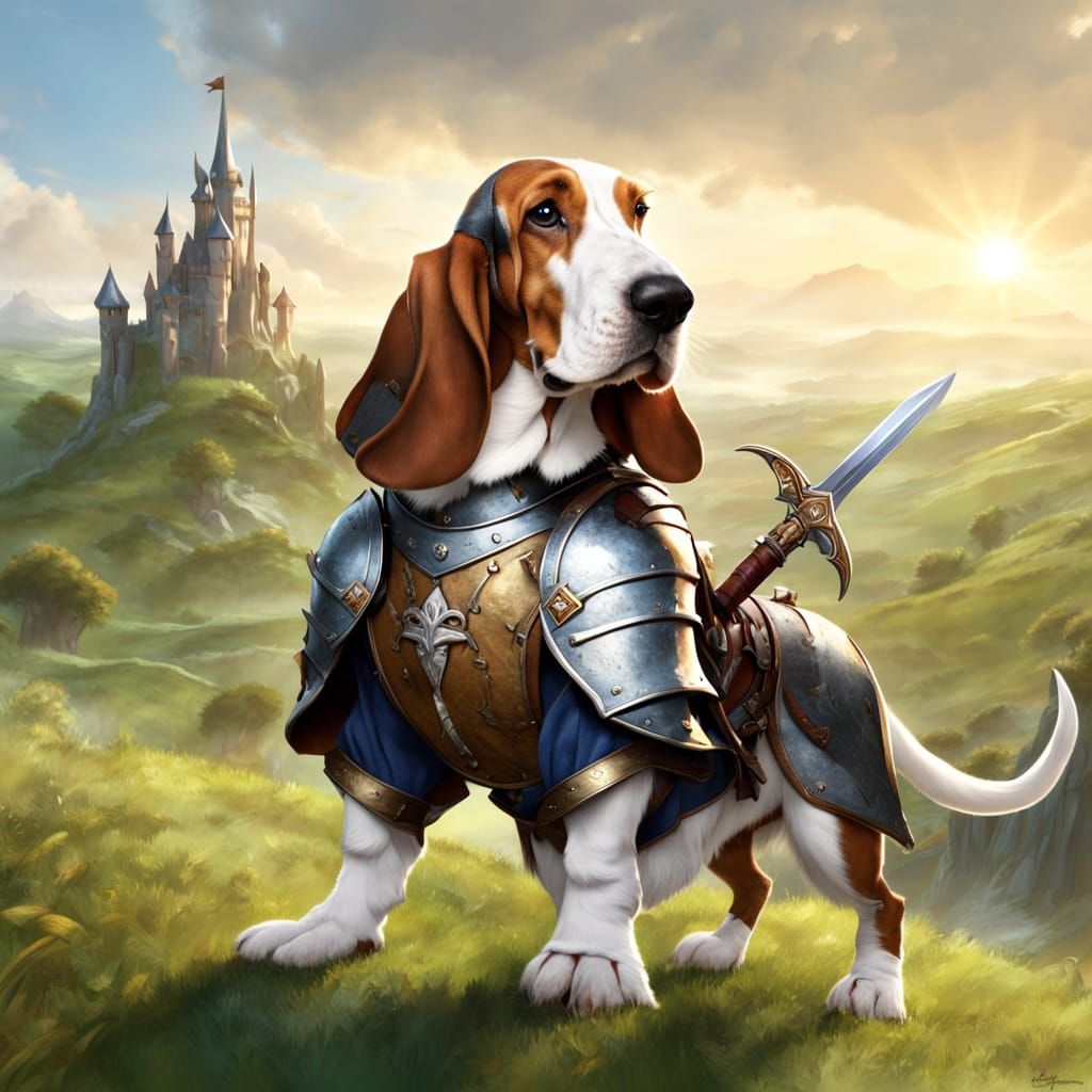 Basset Hound Knight in Medieval Fantasy Kingdom