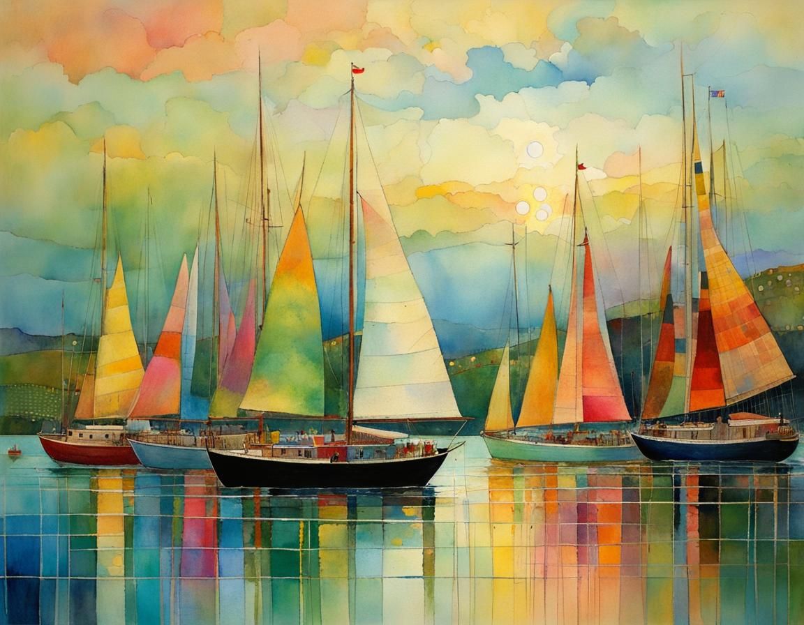 Whimsical Sailboats on the Bay in Patchwork Style