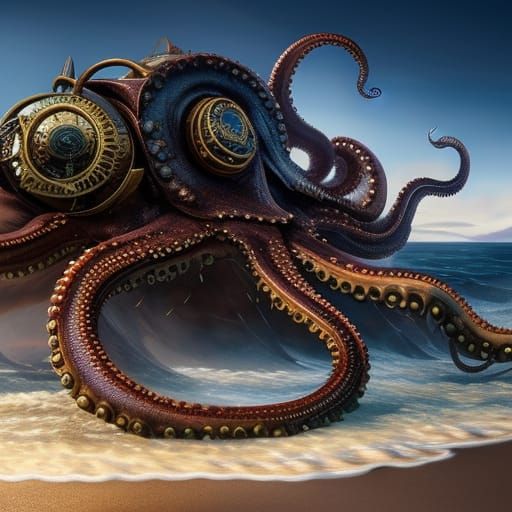 Steampunk Kraken Octopus on the Beach