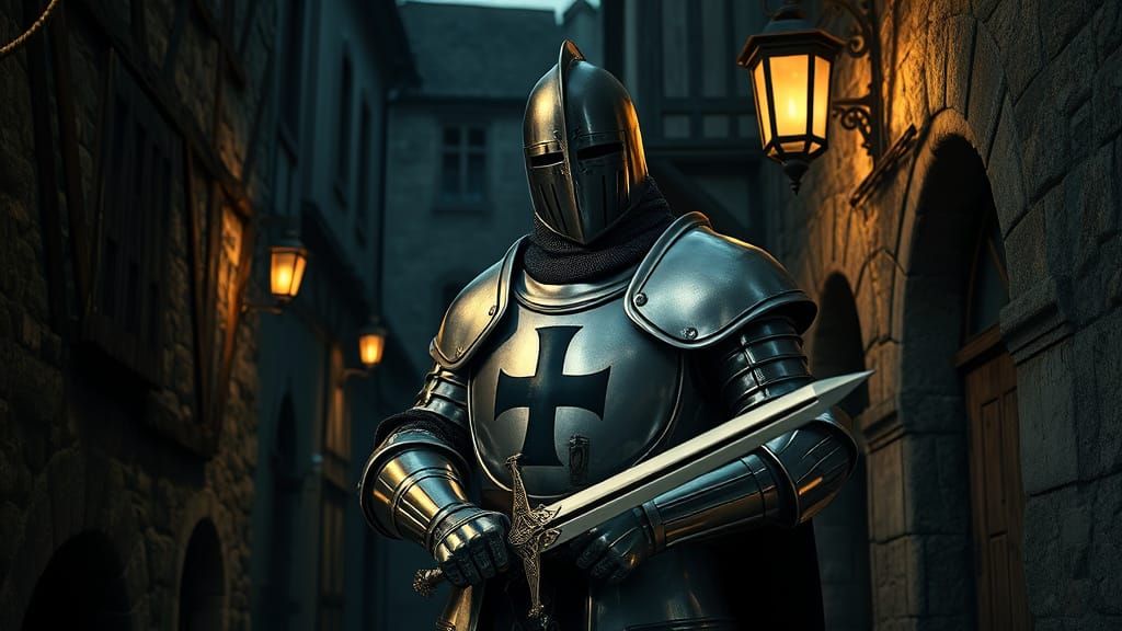 Teutonic Knight in Medieval Alleyway, Ultra-Realistic Render...