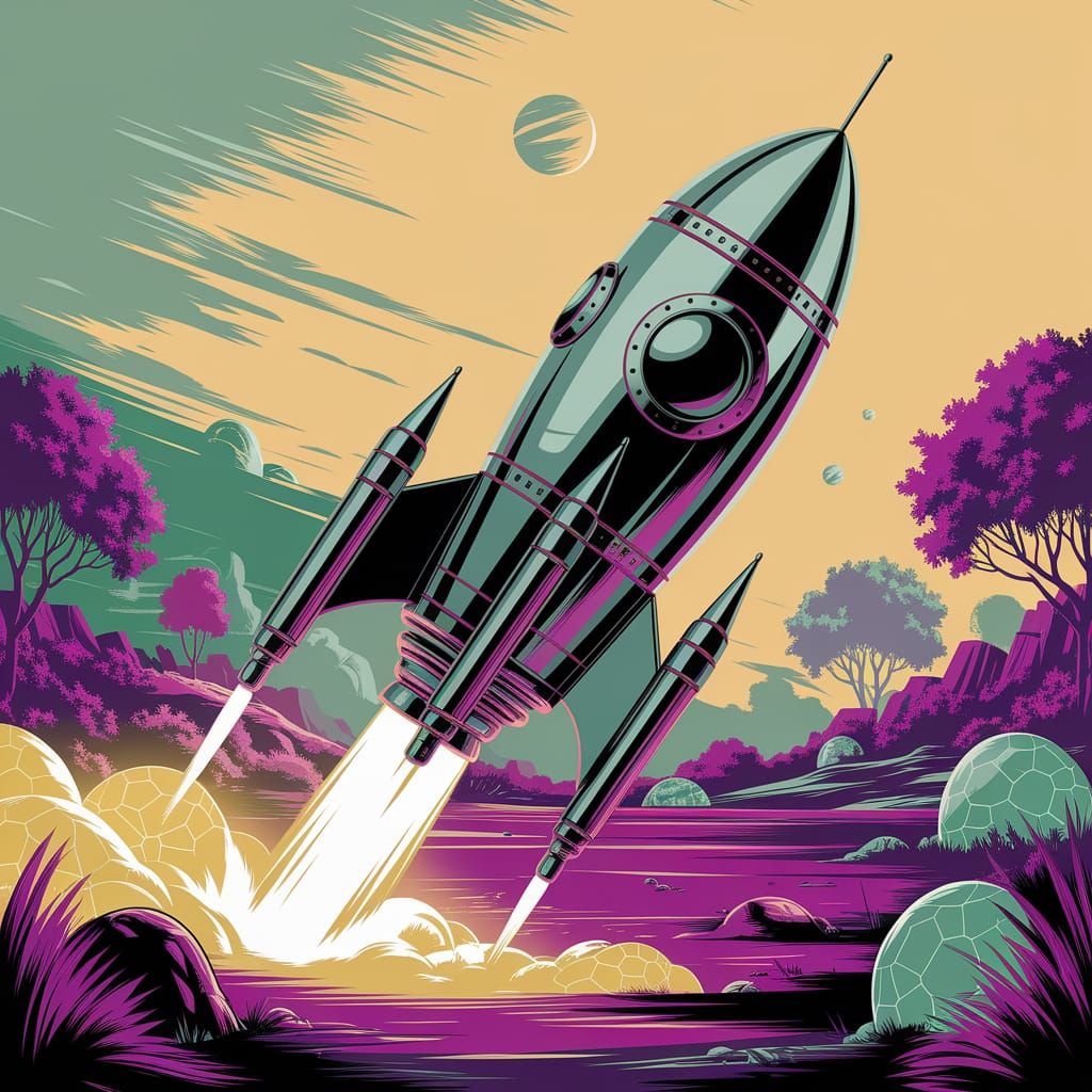 Retro Rocket Lands on Neon Alien Planet