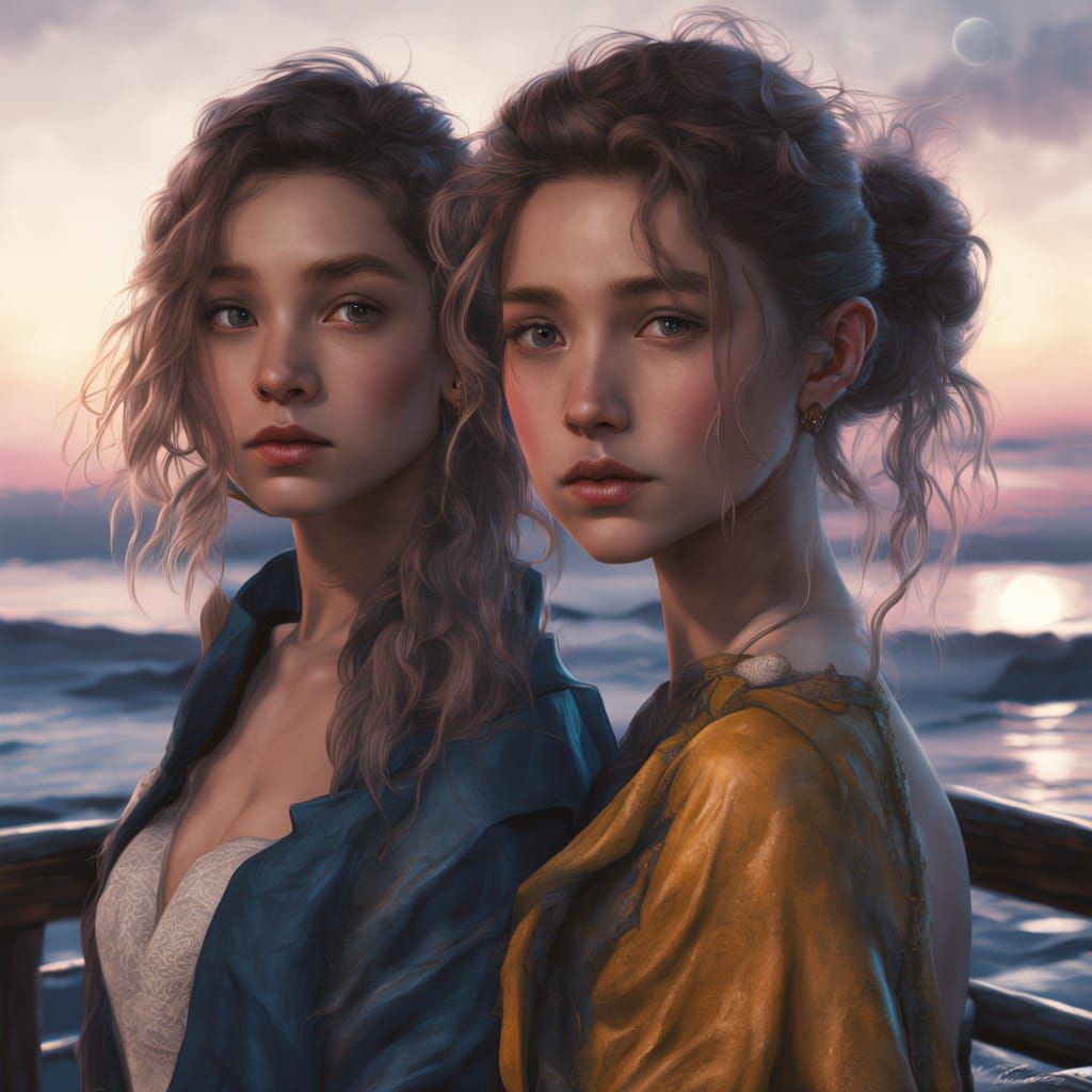 Moonlit Pier: Hyperrealistic Rendering of Two Women
