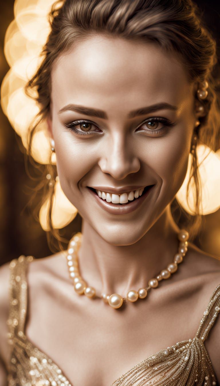 Smiling Woman in Gold Pearl Dress: Hyperrealistic Portrait