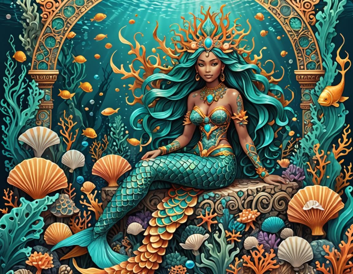 Tribal Mermaid Queen of Coral Reef: Vector Art