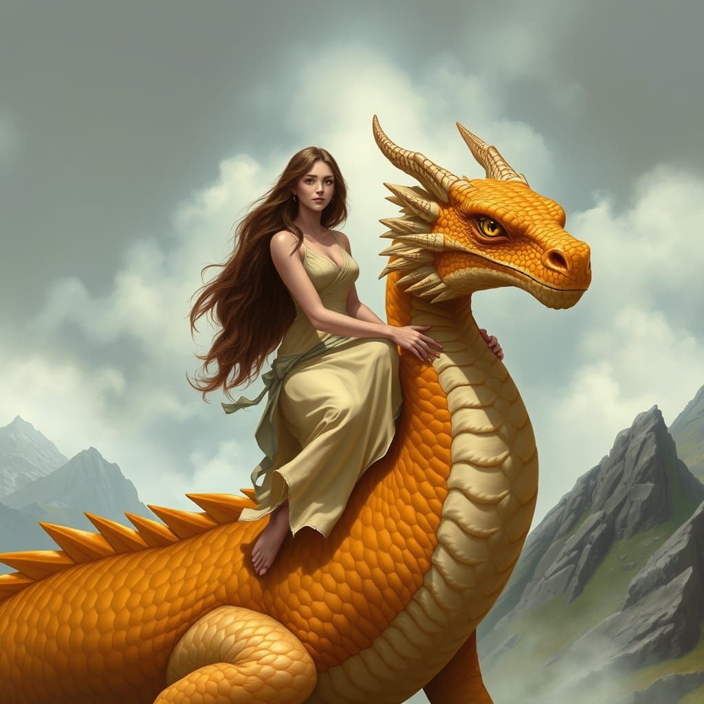 Epic Fantasy Goddess Rides Golden Dragon Amidst Misty Mounta...