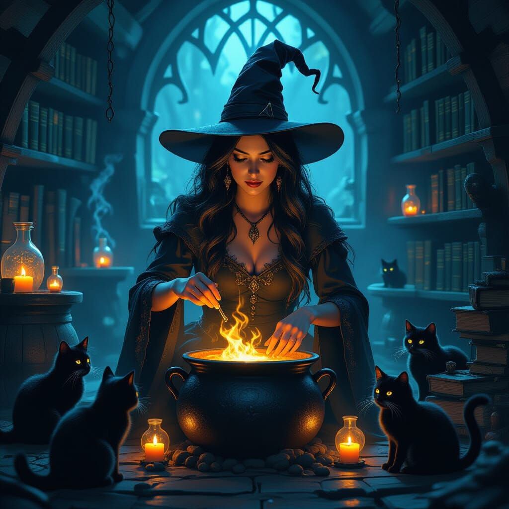 Witch Ritual with Black Cats in Dark Fantasy Style