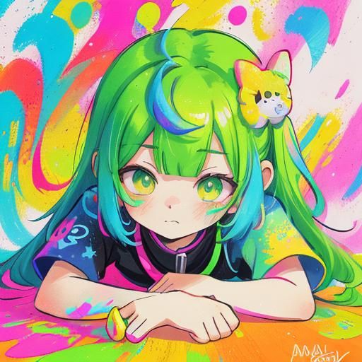 Vibrant Stencil Art of Urban Girl Puppy with Green Hair