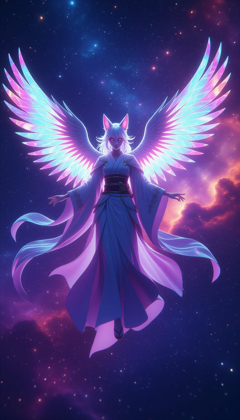 Celestial Kitsune Soaring Through Nebula, Cel-Shaded Style