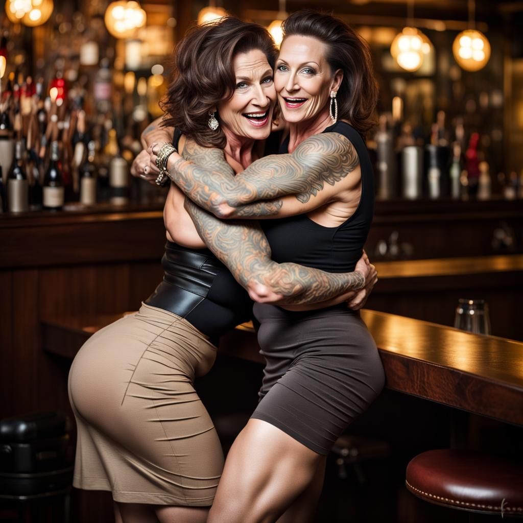 Two Androgynous Bodybuilders Hugging in Nightclub