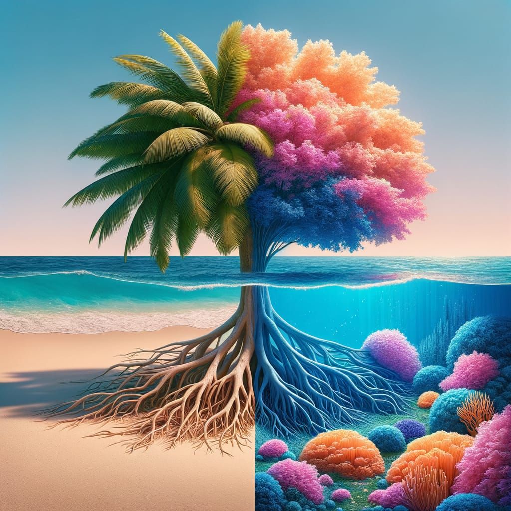 Whimsical Beach Art: Coral Reef Meets Palm Tree