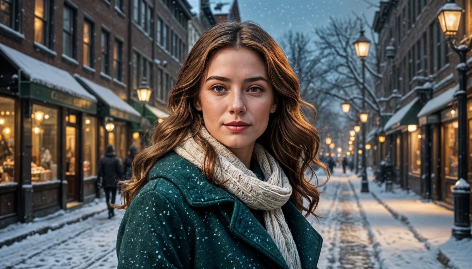 Photorealistic Portrait: Woman in Emerald Coat, Winter City
