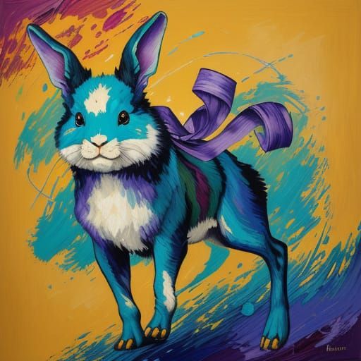 Surrealistic Neo-Impressionist Oil Painting of a Teal Rabbit
