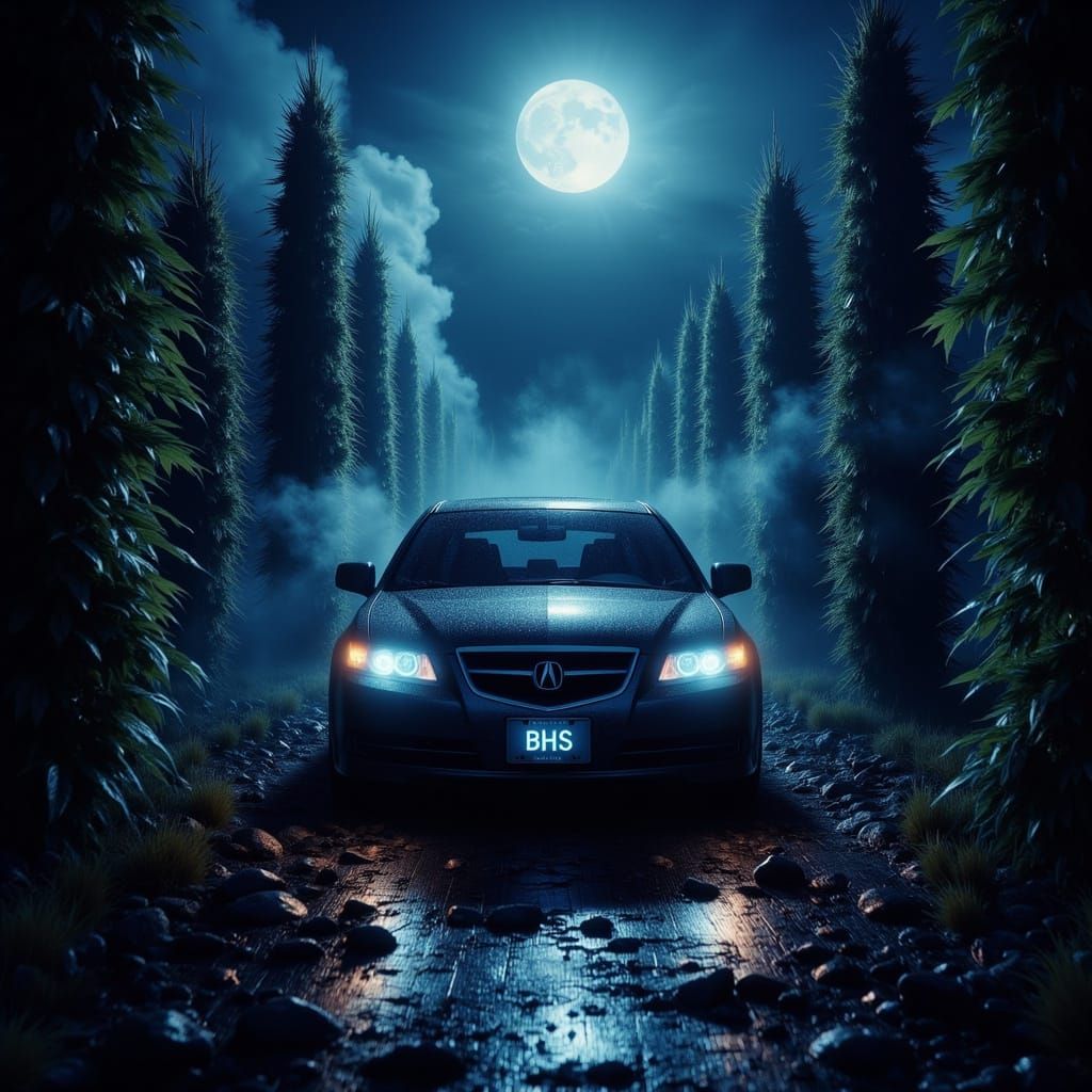 Sleek Acura Amidst Thriving Weed Farm Under Moonlight