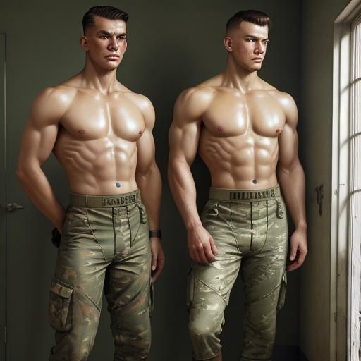 Two army men, waiting in nothing but their briefs in the inf...
