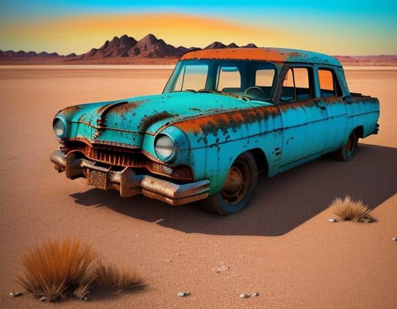 Abandoned Car in Desert: Pop Art Style