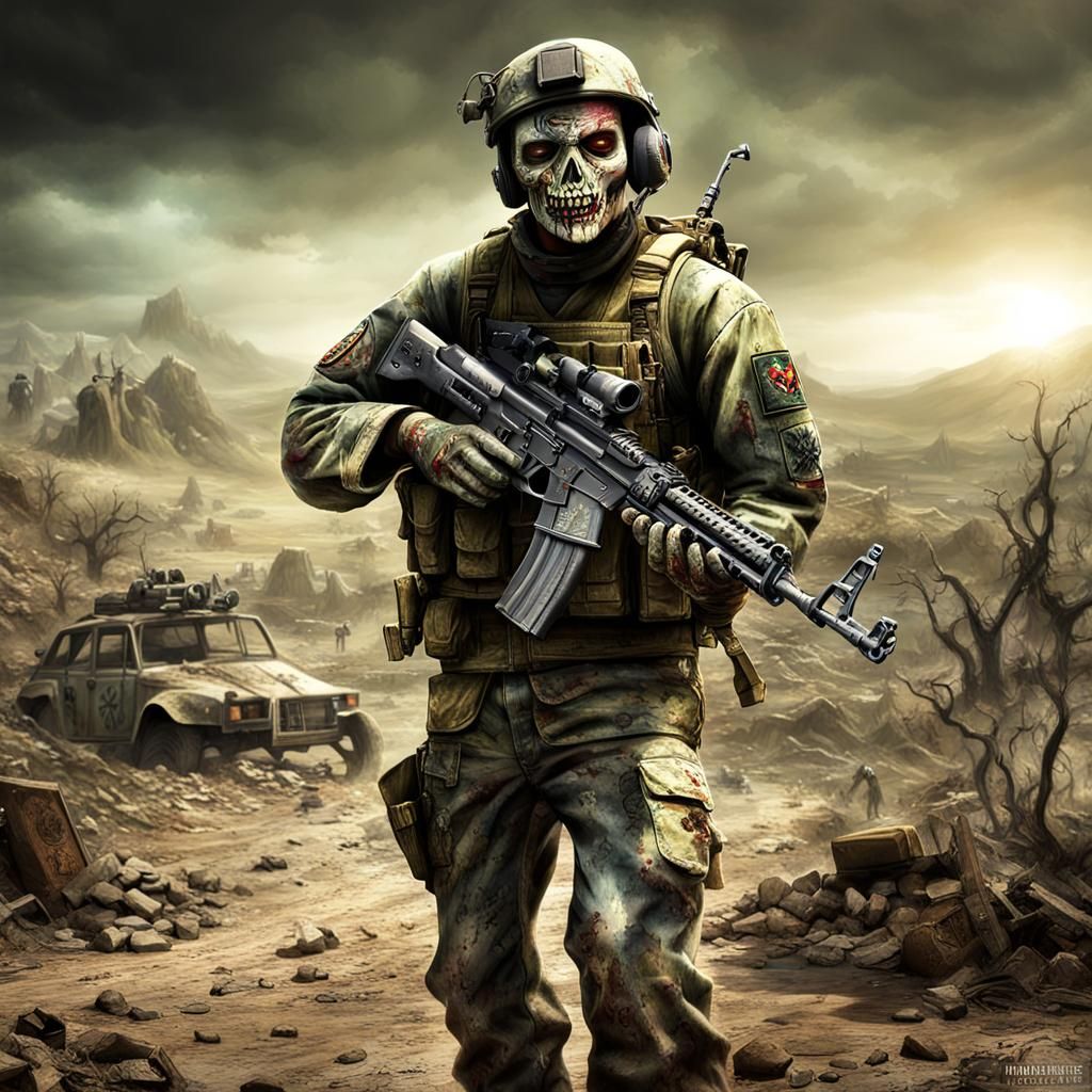 Zombie Soldier Advances Through Post-Apocalyptic Battlefield
