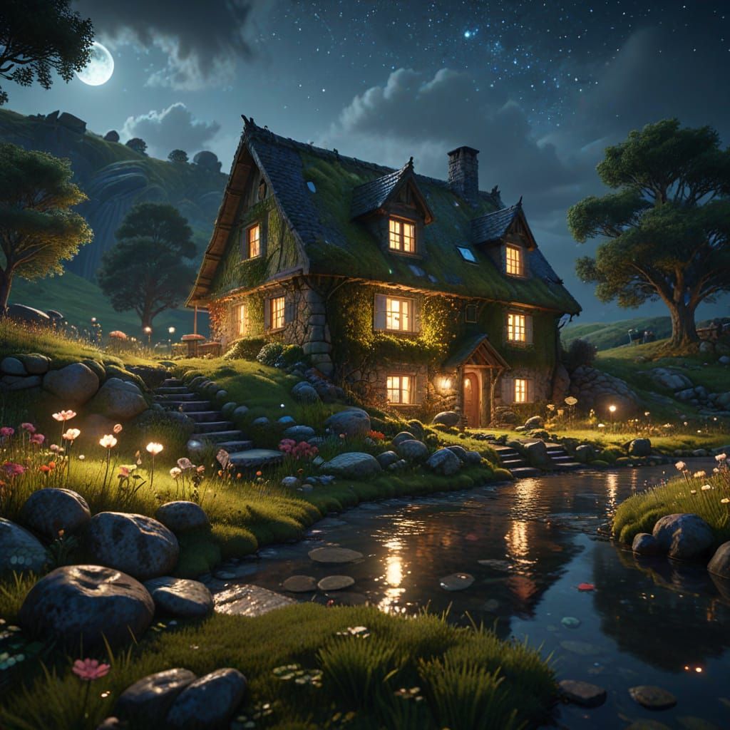 Colorful Stone House Under Starry Night Sky