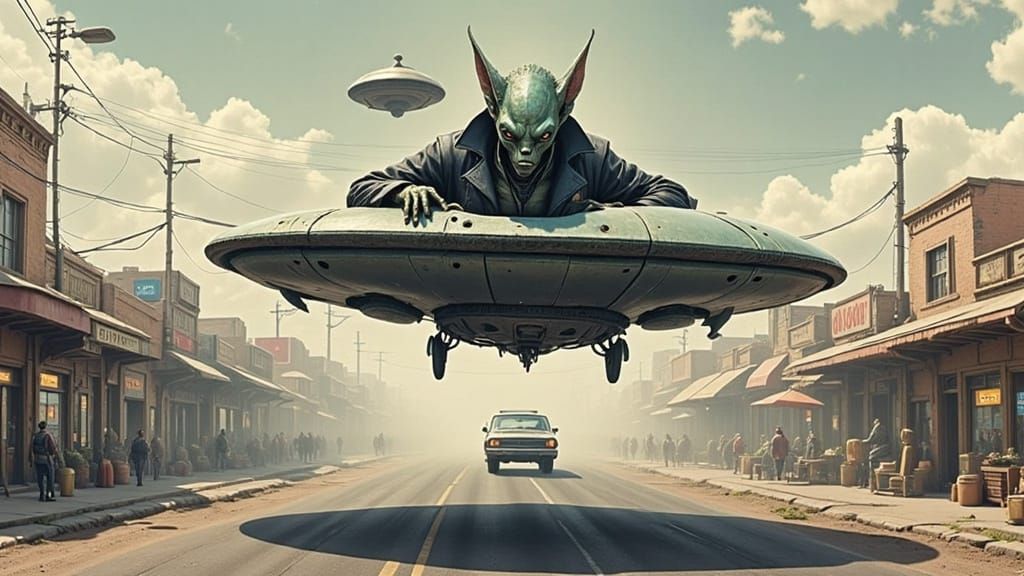 Gray Alien Joyriding in Retro-Futuristic Flying Saucer