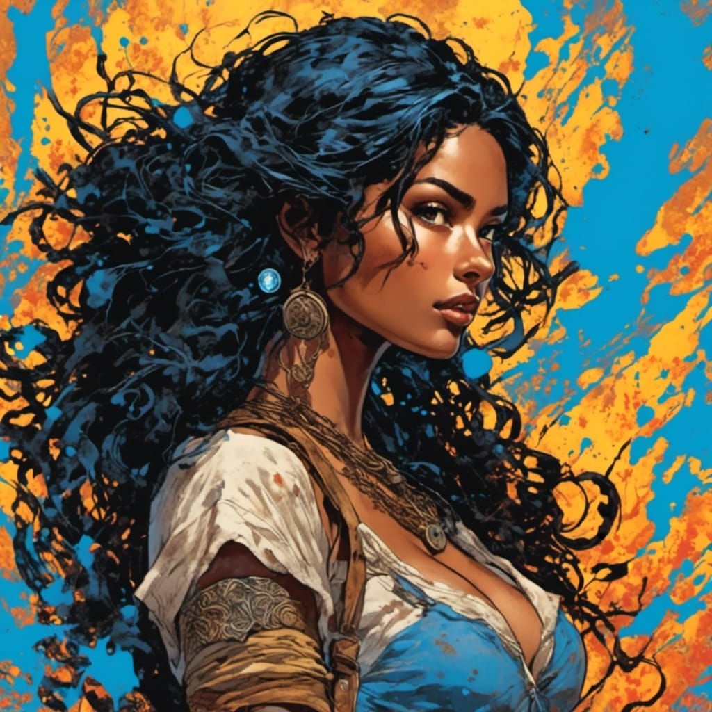 Beautiful Woman with Blue Shirt in Digital Painting