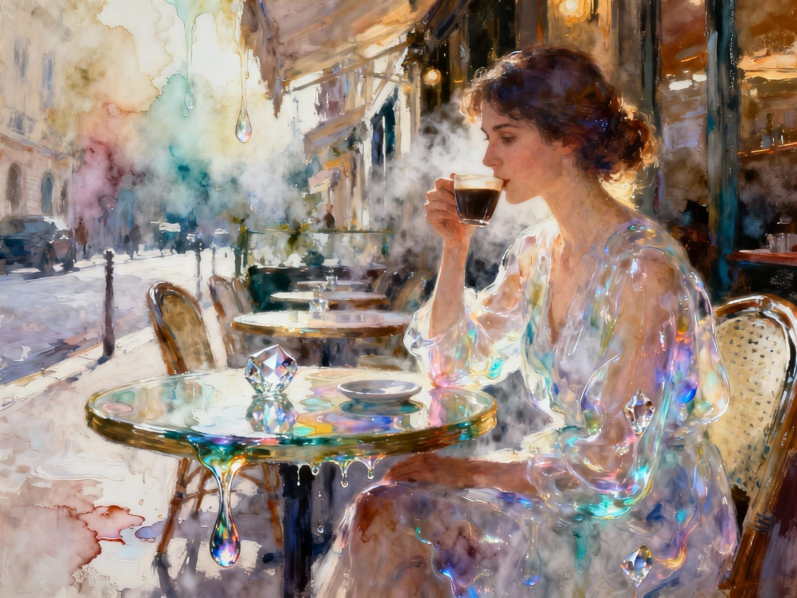 Woman Sipping Coffee Amidst Liquid Light Passages