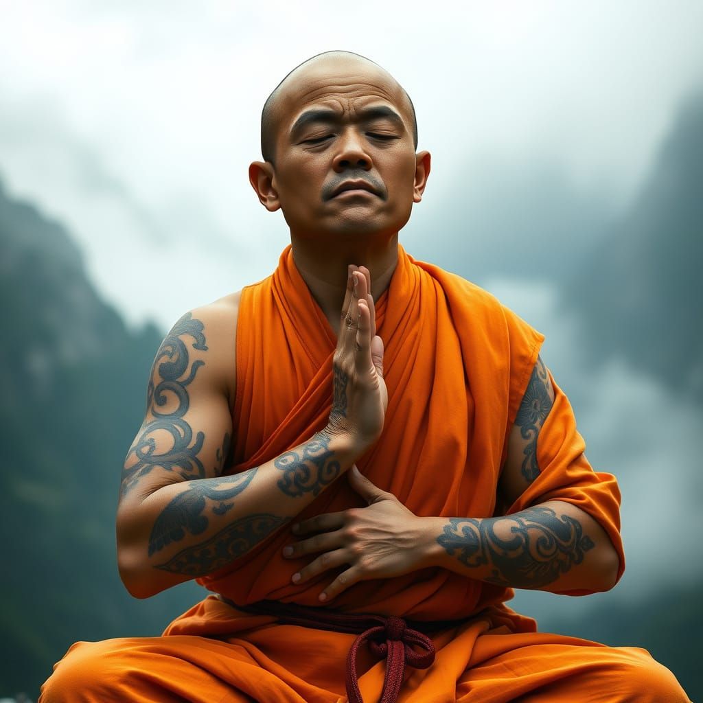 Shaolin Monk in Hypnosis Amidst Misty Mountains