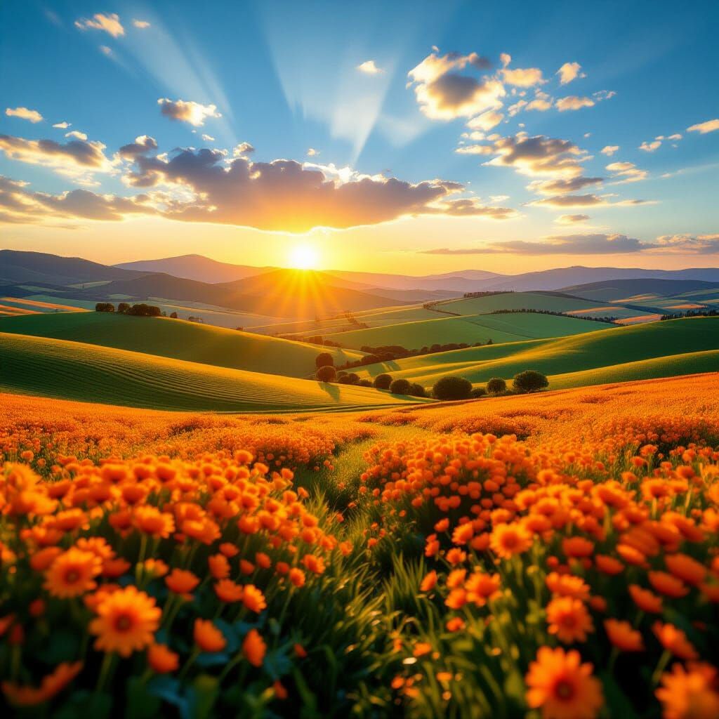 Vivid Landscape at Sunset with Orange Fields and Green Hills