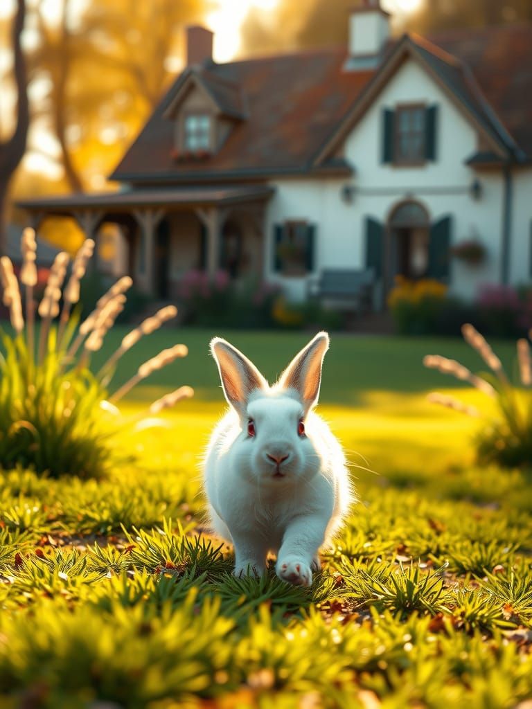 Cute White Rabbit Hops Towards Farmhouse in Golden Light