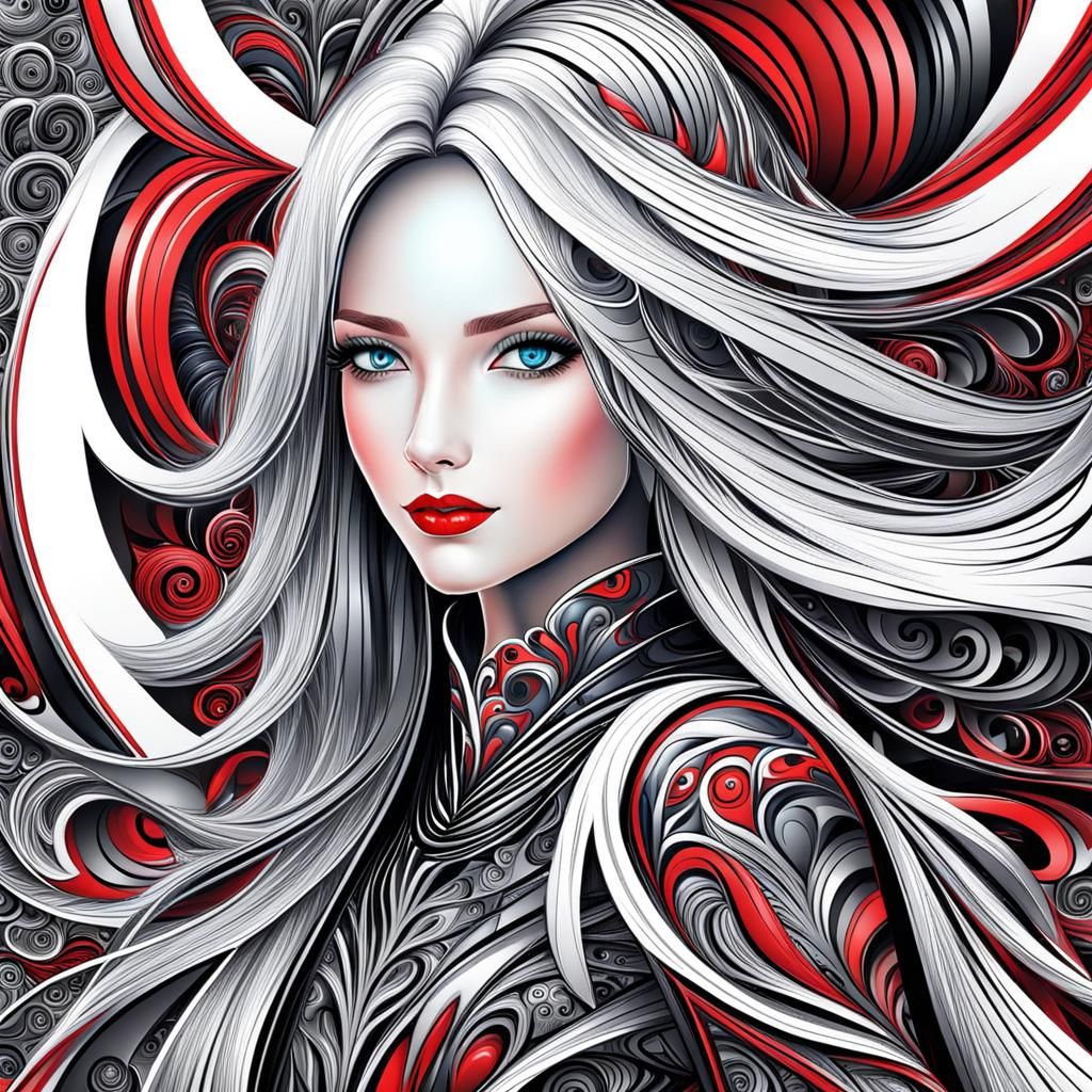 Armored Silver-Haired Girl with Abstract Fractal Elements