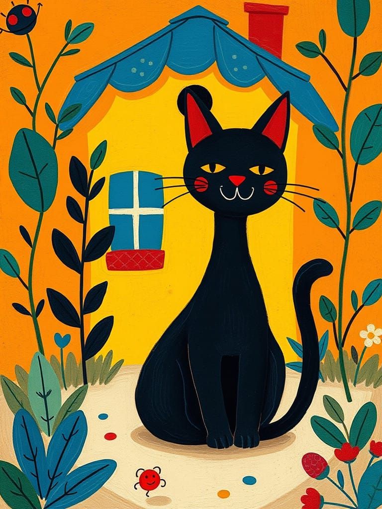 Whimsical Black Cat Sits Amidst Vibrant Botanicals in Bright...