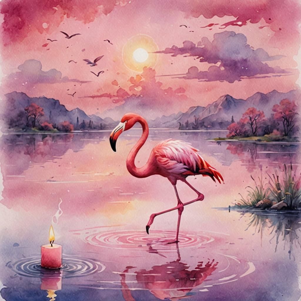 Pink Flamingo Flight over Dreamscape in Watercolor