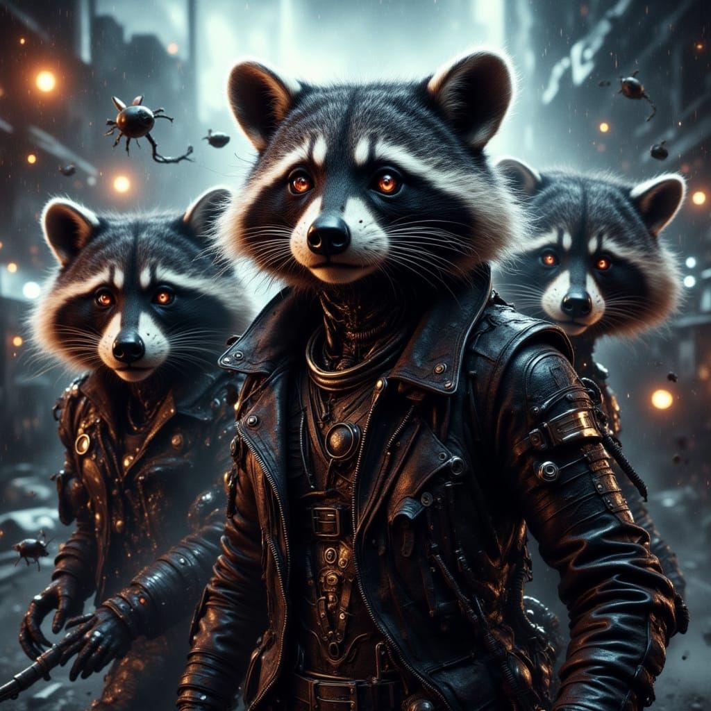 Cyberpunk Raccoon Gang in Post-Apocalyptic Cityscape