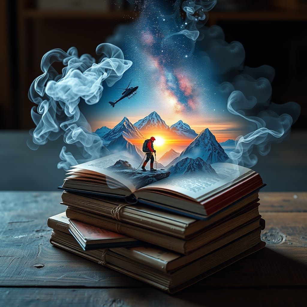 Climber Ascends from Books in Cosmic Landscape