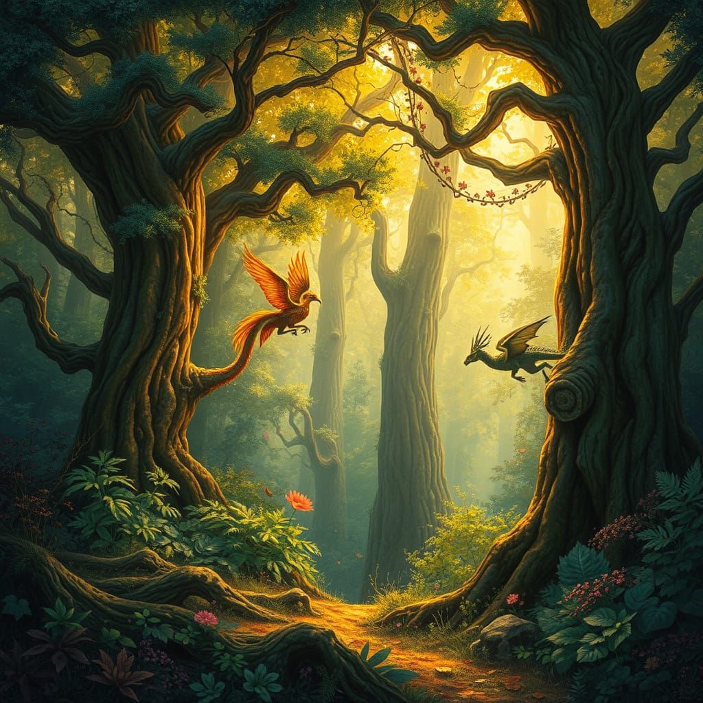 Whimsical Forest Realm of Mythical Beasts