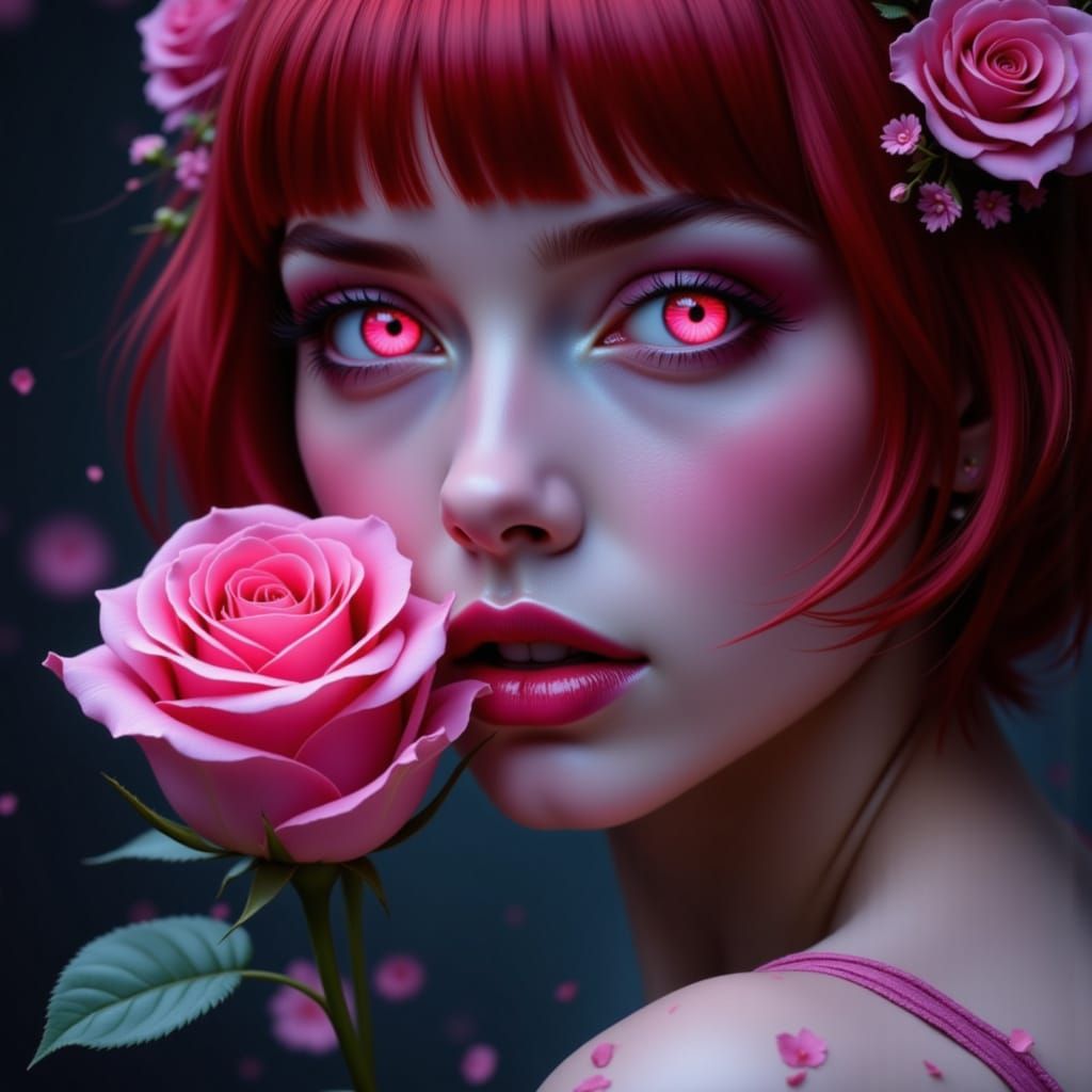 Ethereal Woman with Crimson Hair and Rose Mouth