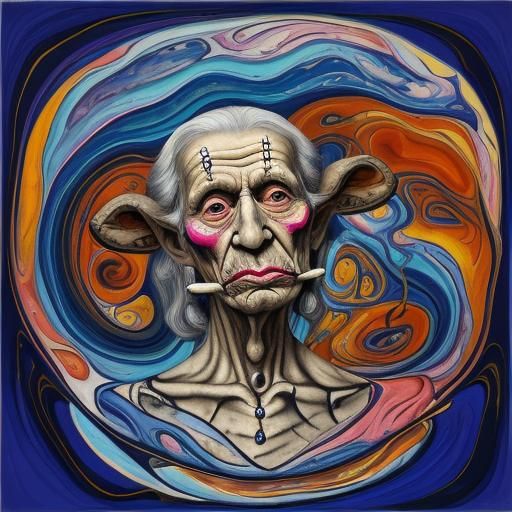 Surreal Nude Woman Nursing Goat, Expressionist Oil Painting