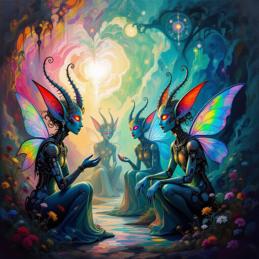 Surreal Machine Elves Emerge in Dreamlike Painting