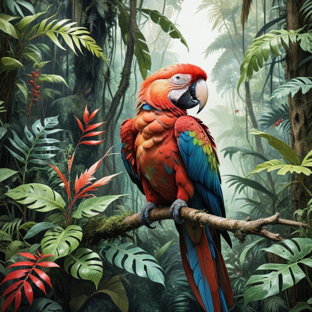 Surreal Amazonian Landscape with Vibrant Scarlet Macaw