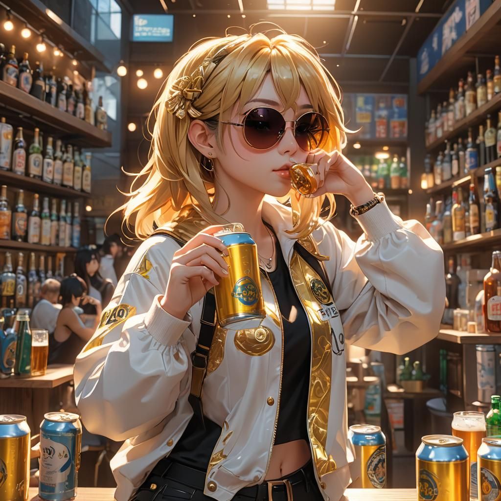 Anime Girl Drinking Beer in Soft Golden Light