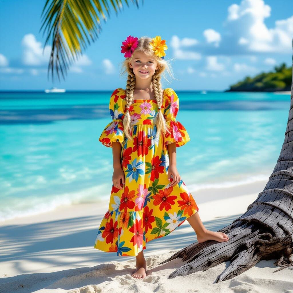 Wearing a Bajan dress on Barbados beach...