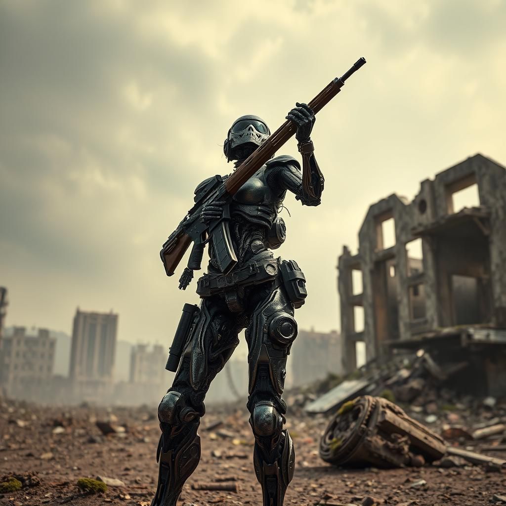 Biomechanical Warrior in Post-Apocalyptic Landscape