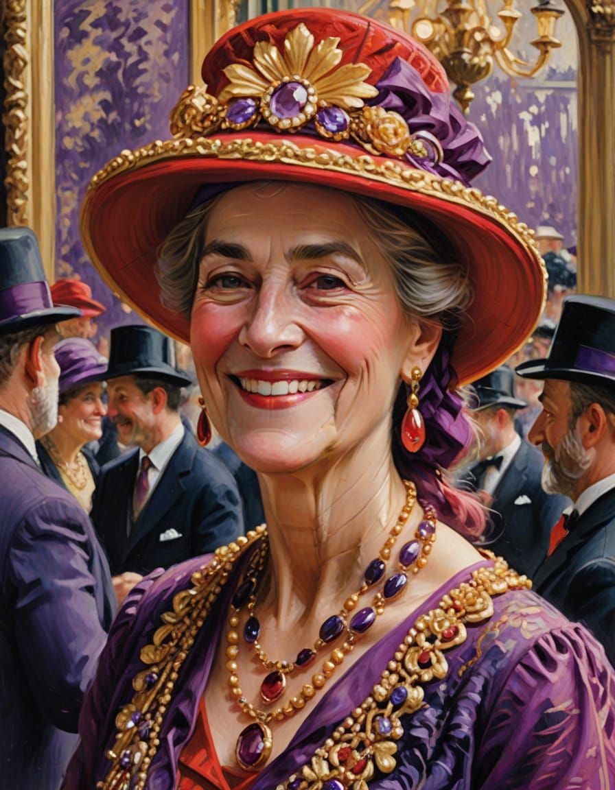 middle age woman wearing a red hat and purple clothing.  Red...