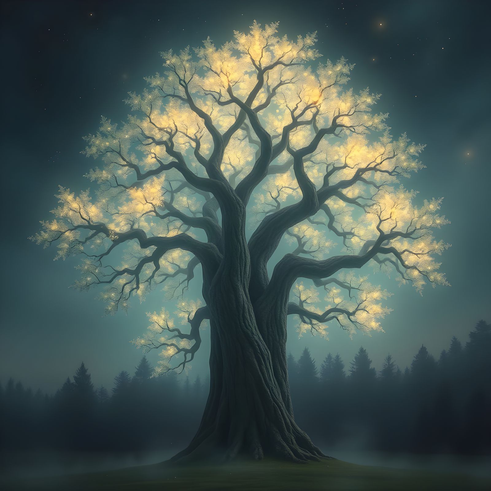 Ethereal Forest Giant in Dreamlike Landscape